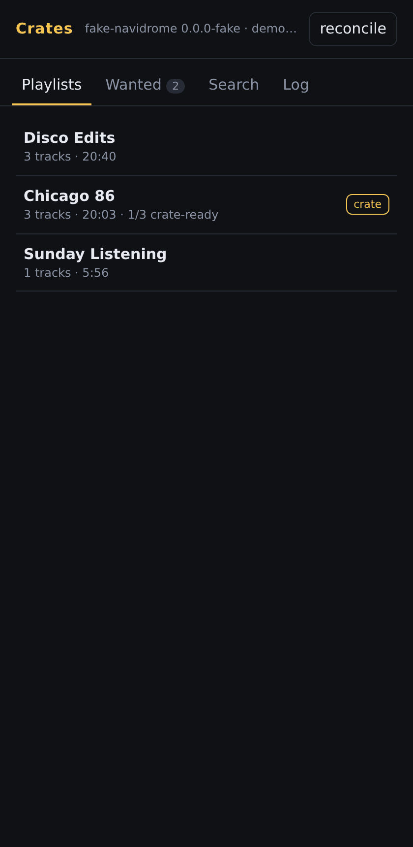 The crates web client on a phone: three playlists, one marked as a crate with 1 of 3 tracks crate-ready.